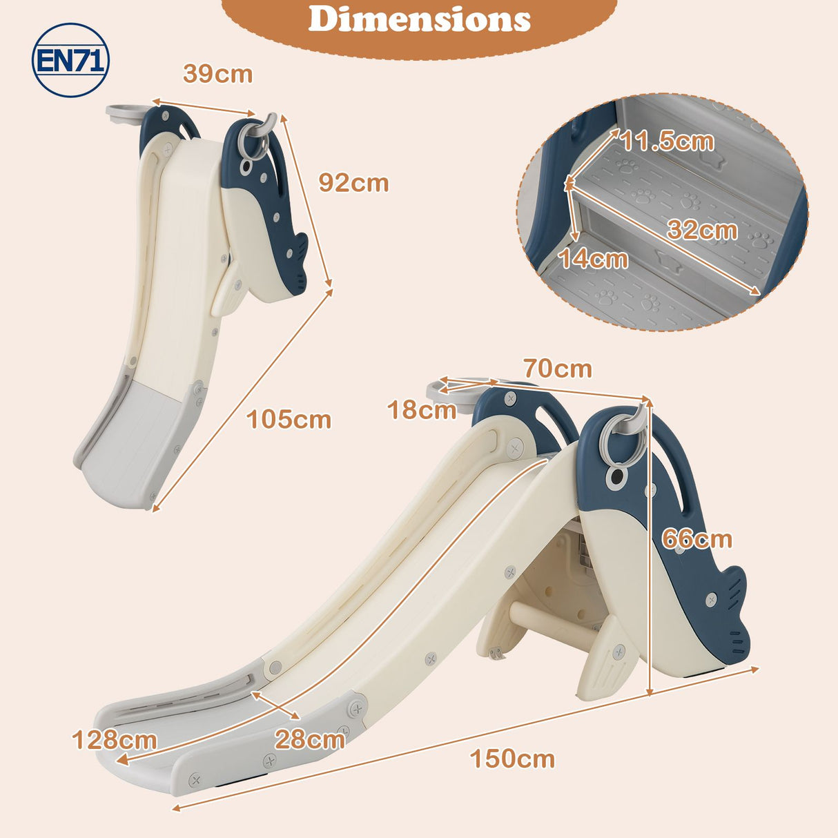 Dimensions of a children's slide with whale design on a beige background