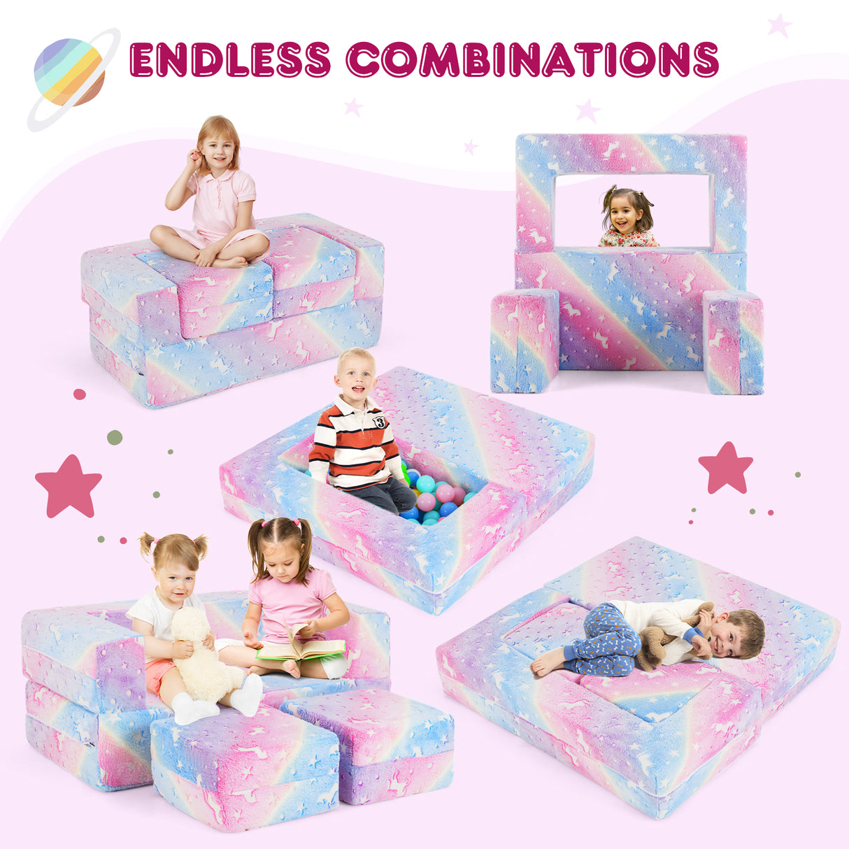 2 Seater Kids Play Couch, Glow in the Dark Modular Sofa Play Set for Toddlers, 3-in-1 Baby Fold out Sofa