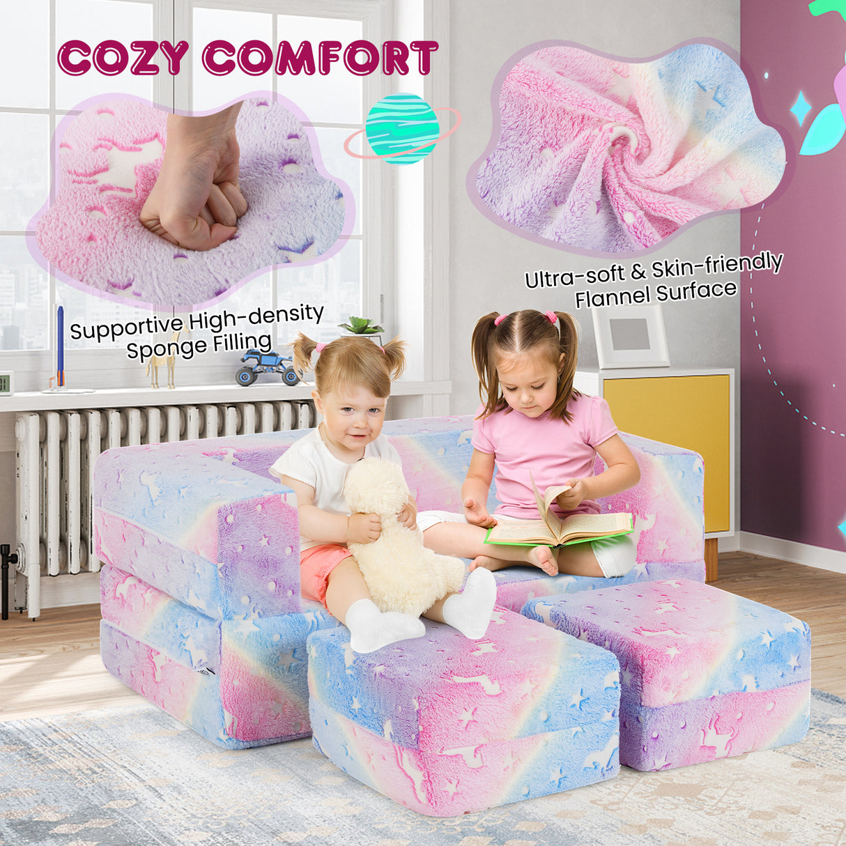 2 Seater Kids Play Couch, Glow in the Dark Modular Sofa Play Set for Toddlers, 3-in-1 Baby Fold out Sofa