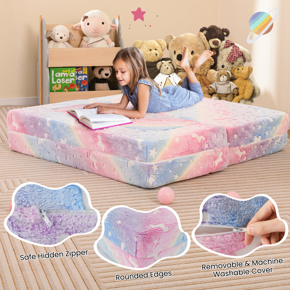 2 Seater Kids Play Couch, Glow in the Dark Modular Sofa Play Set for Toddlers, 3-in-1 Baby Fold out Sofa