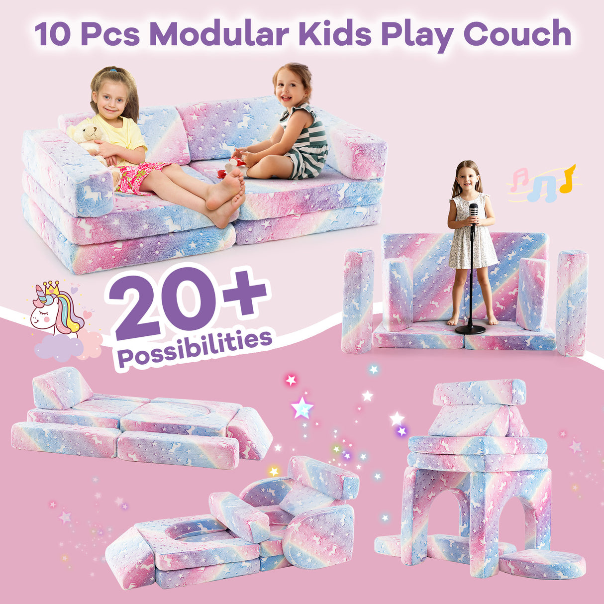 10 Pcs Modular Kids Play Couch, Toddler Sectional Sofa Glow in the Dark, Convertible Baby Sofa & Floor Cushion