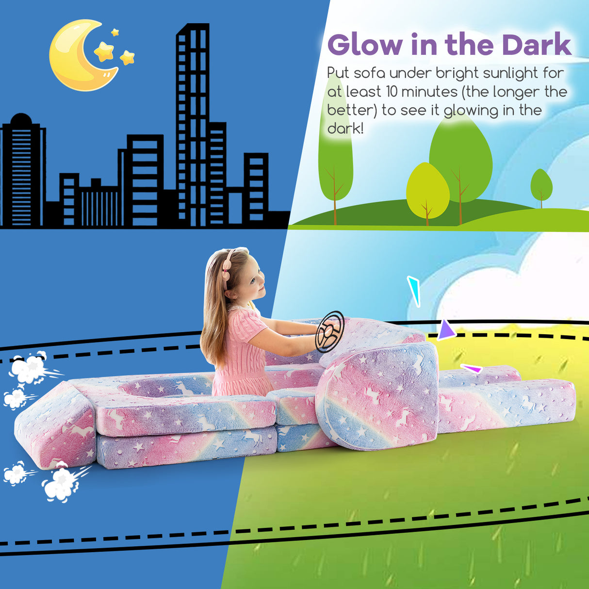 10 Pcs Modular Kids Play Couch, Toddler Sectional Sofa Glow in the Dark, Convertible Baby Sofa & Floor Cushion