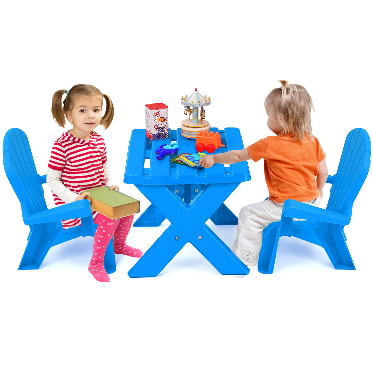 Kids Plastic Table with 2 Adirondack Chairs Set, Toddler Play Table and Chairs for Tea Time