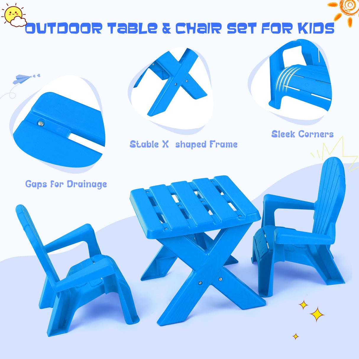Kids Plastic Table with 2 Adirondack Chairs Set, Toddler Play Table and Chairs for Tea Time