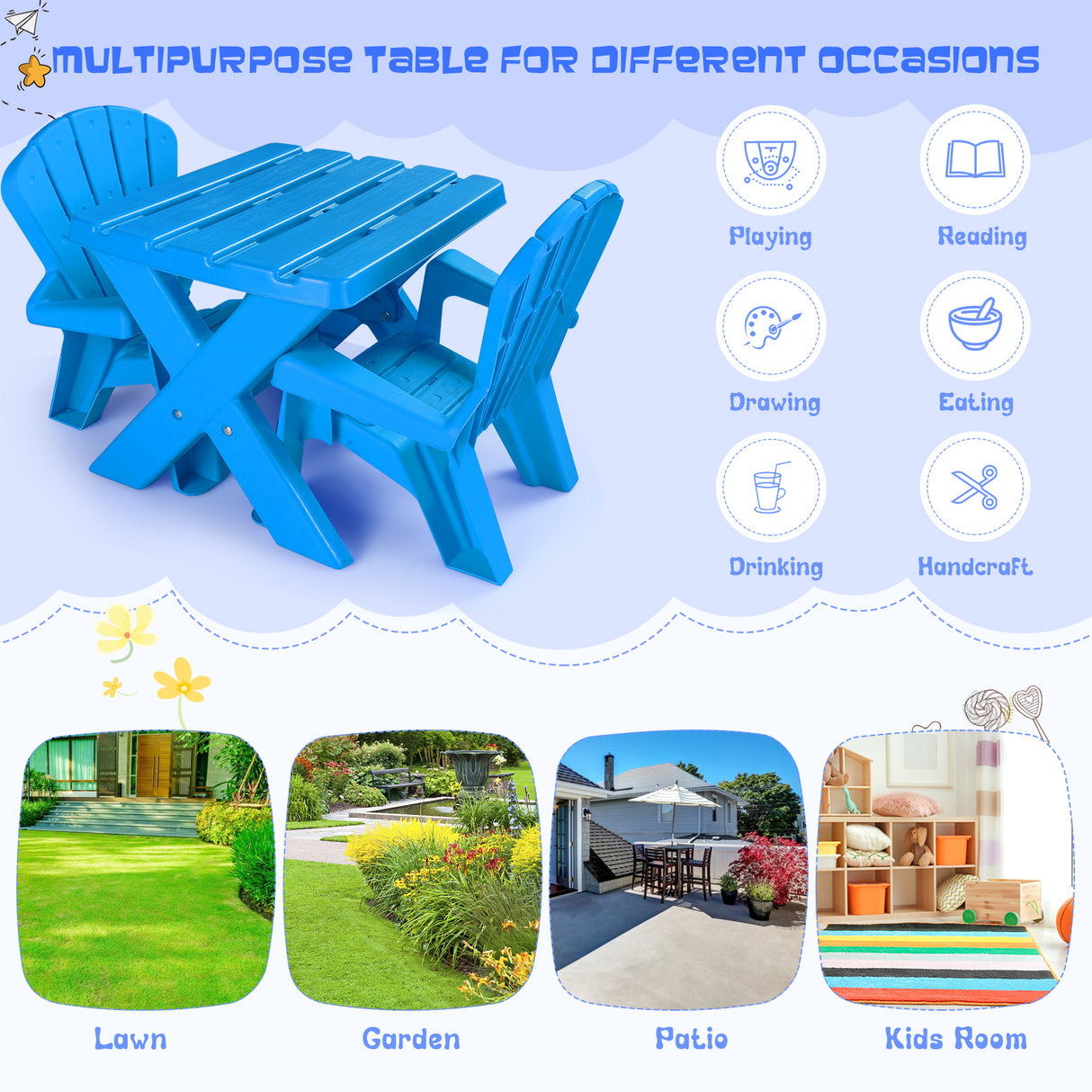 Kids Plastic Table with 2 Adirondack Chairs Set, Toddler Play Table and Chairs for Tea Time