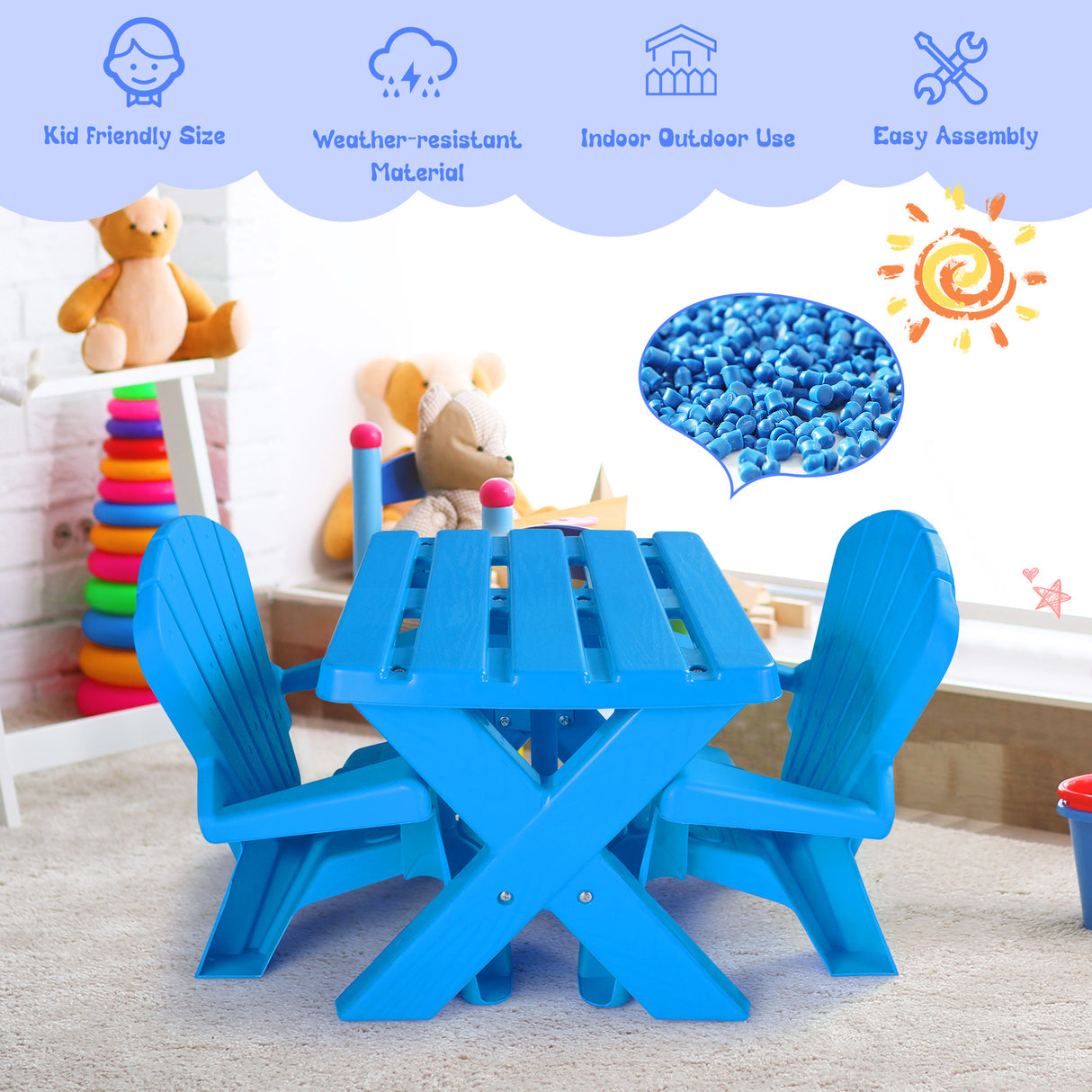 Kids Plastic Table with 2 Adirondack Chairs Set, Toddler Play Table and Chairs for Tea Time