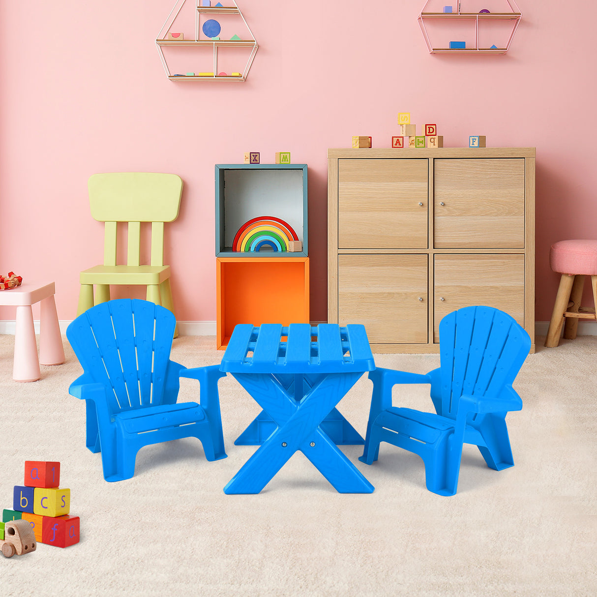 Kids Plastic Table with 2 Adirondack Chairs Set, Toddler Play Table and Chairs for Tea Time