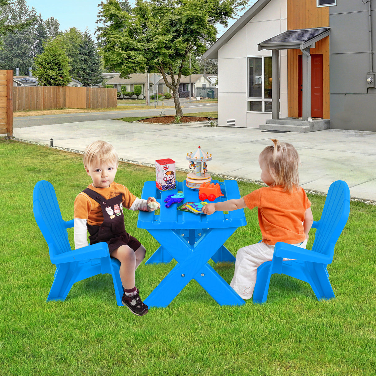 Kids Plastic Table with 2 Adirondack Chairs Set, Toddler Play Table and Chairs for Tea Time