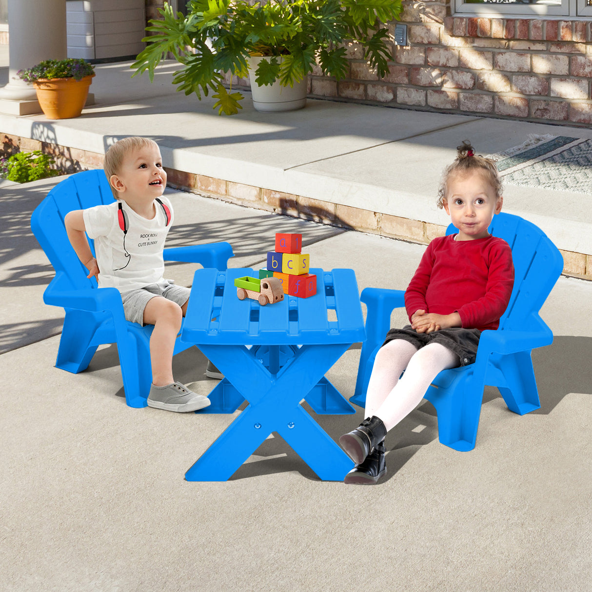 Kids Plastic Table with 2 Adirondack Chairs Set, Toddler Play Table and Chairs for Tea Time