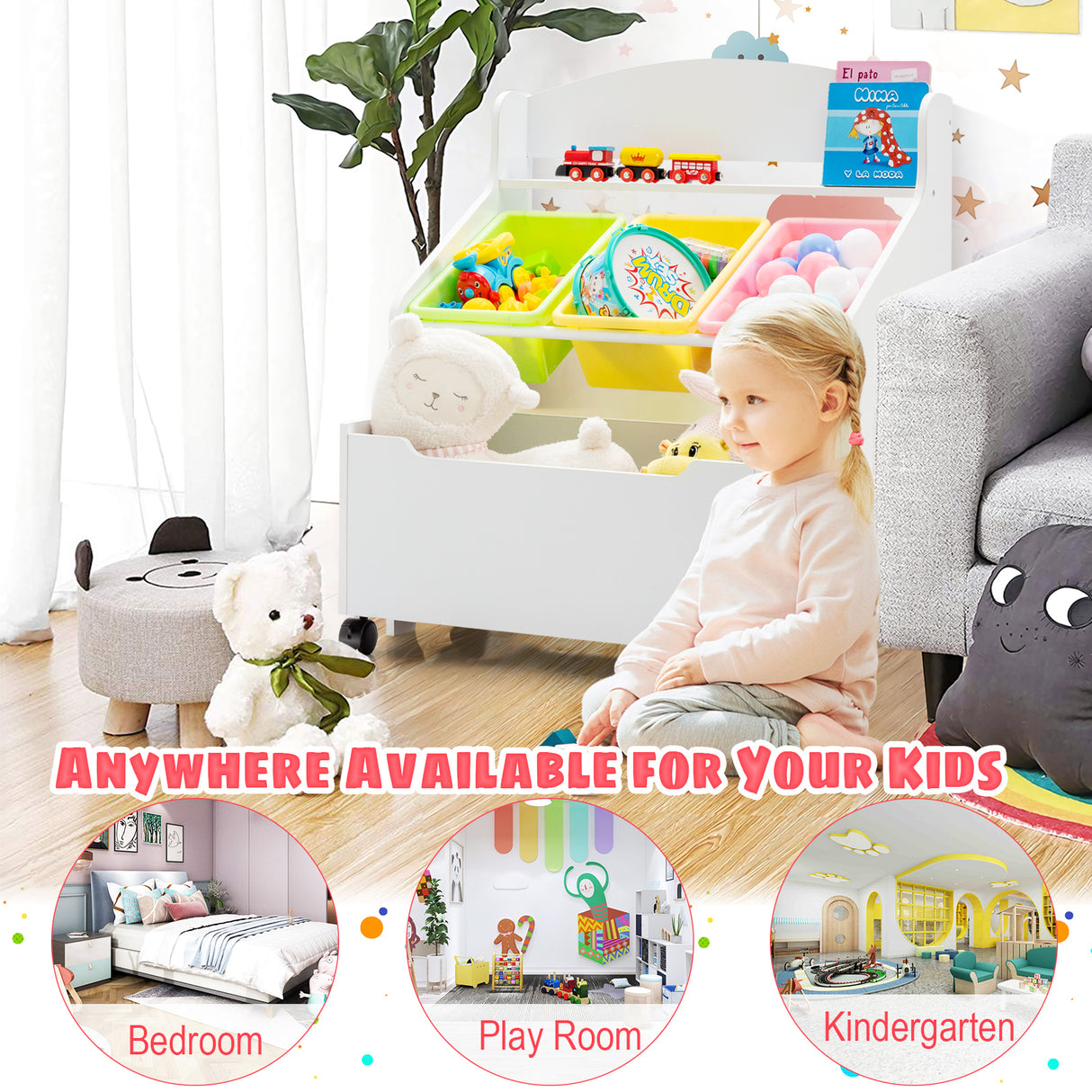 Kids Wooden Storage Cabinet, Preschool/Homeschooling Mobile Organizer Shelf