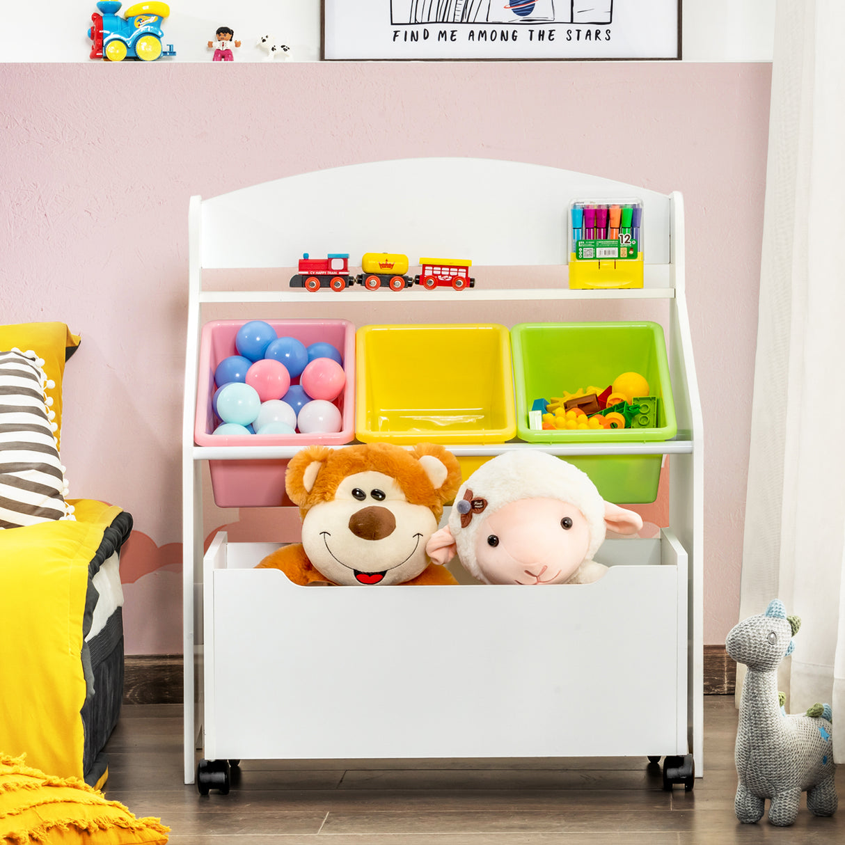 Kids Wooden Storage Cabinet, Preschool/Homeschooling Mobile Organizer Shelf