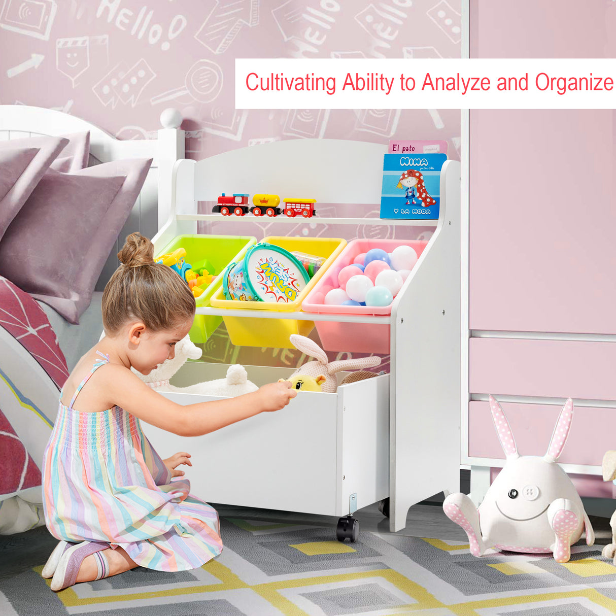 Kids Wooden Storage Cabinet, Preschool/Homeschooling Mobile Organizer Shelf