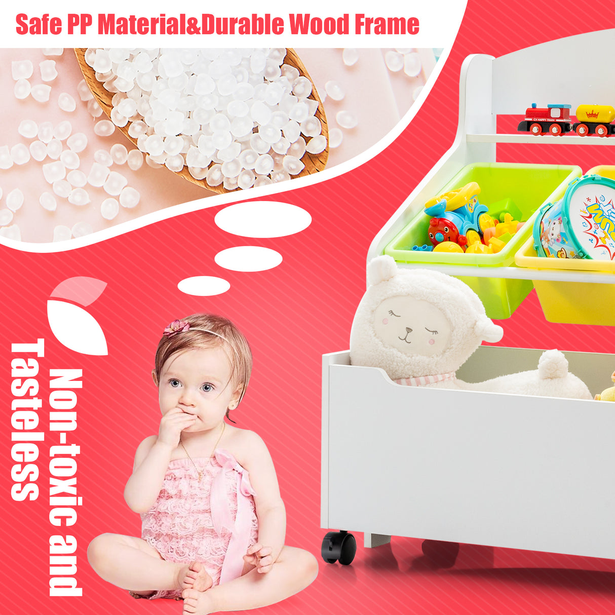 Kids Wooden Storage Cabinet, Preschool/Homeschooling Mobile Organizer Shelf