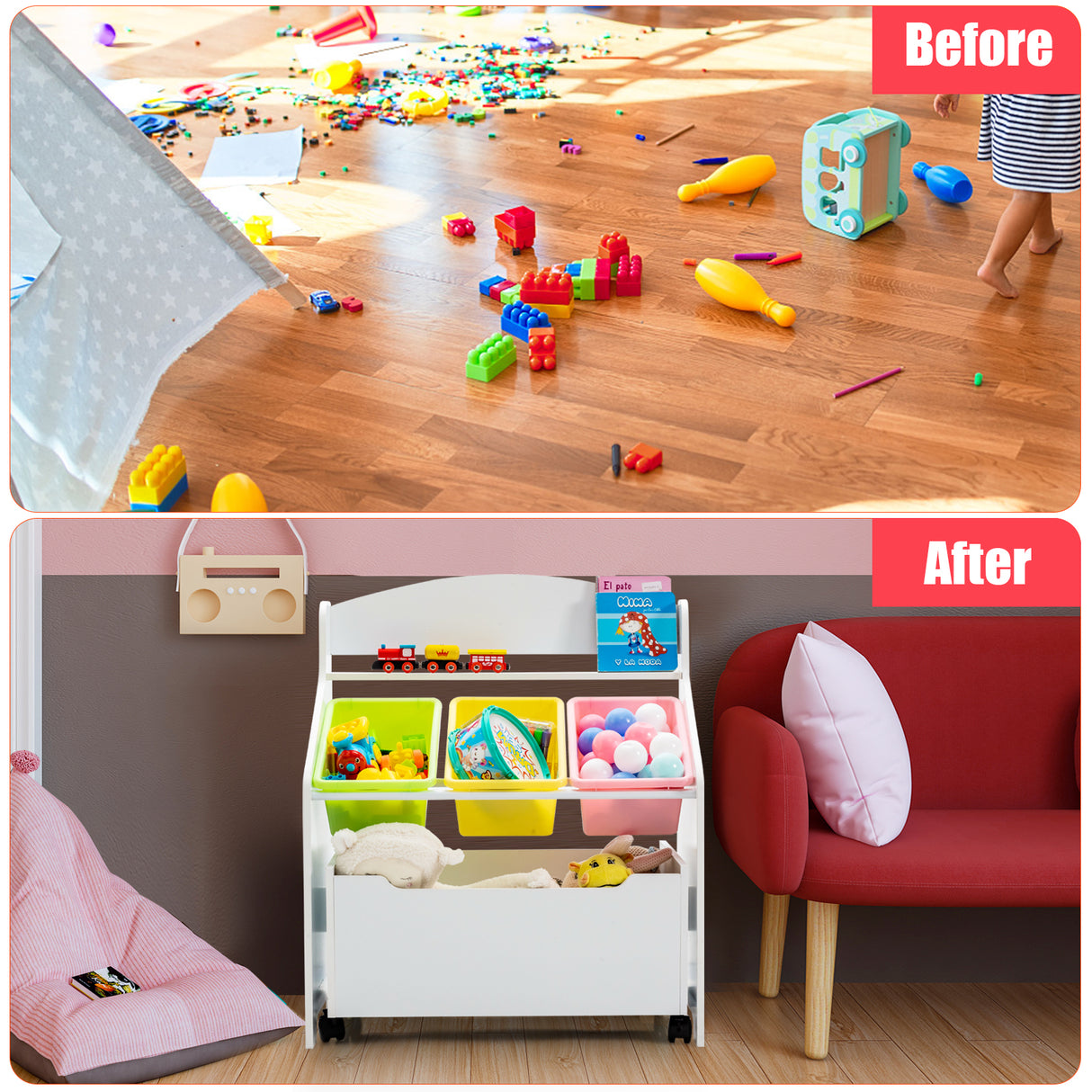 Kids Wooden Storage Cabinet, Preschool/Homeschooling Mobile Organizer Shelf