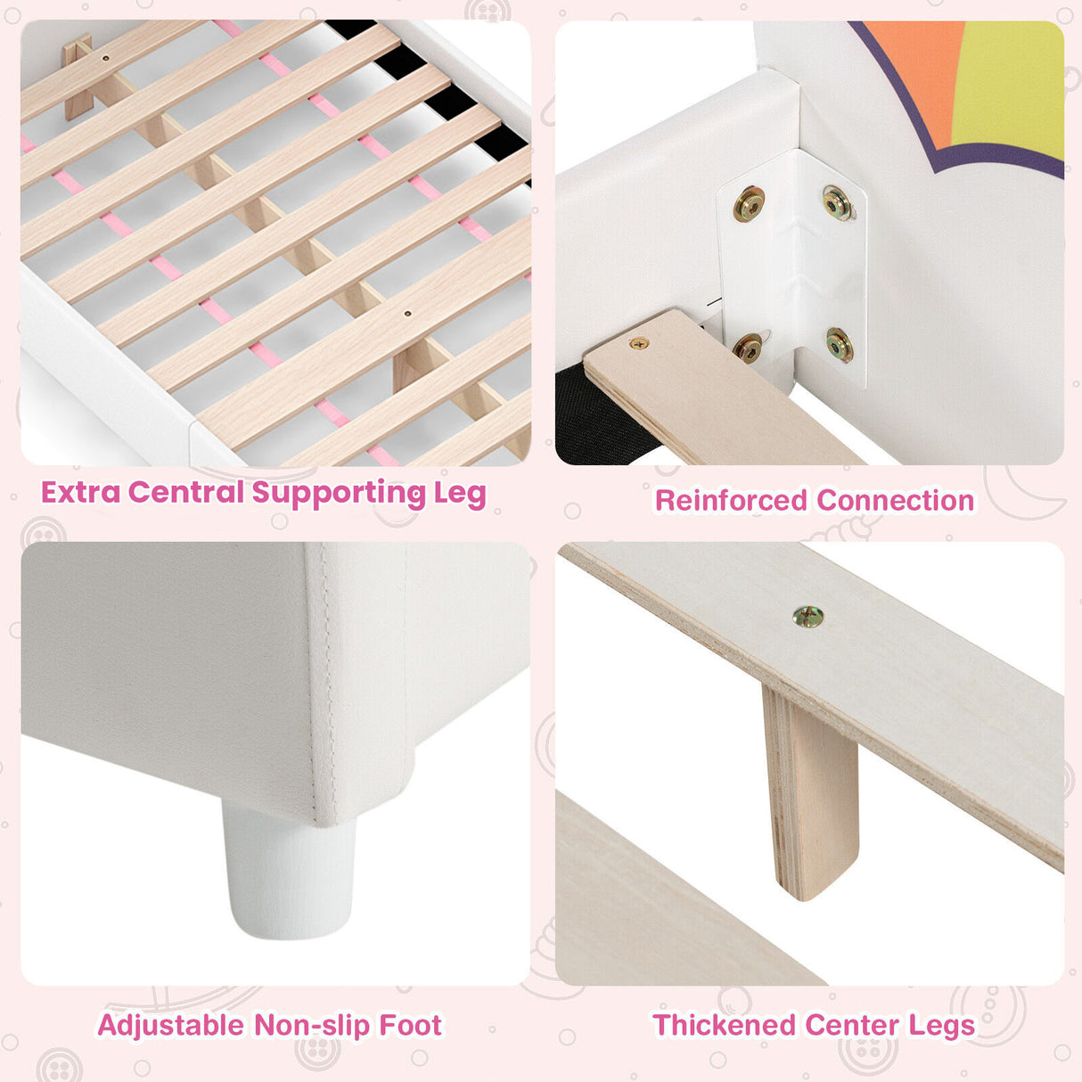 Kids Upholstered Platform Bed Children Twin Size Wooden Bed Unicorn Pattern