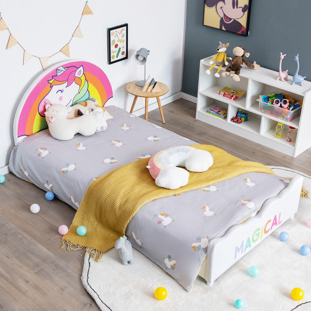 Kids Upholstered Platform Bed Children Twin Size Wooden Bed Unicorn Pattern
