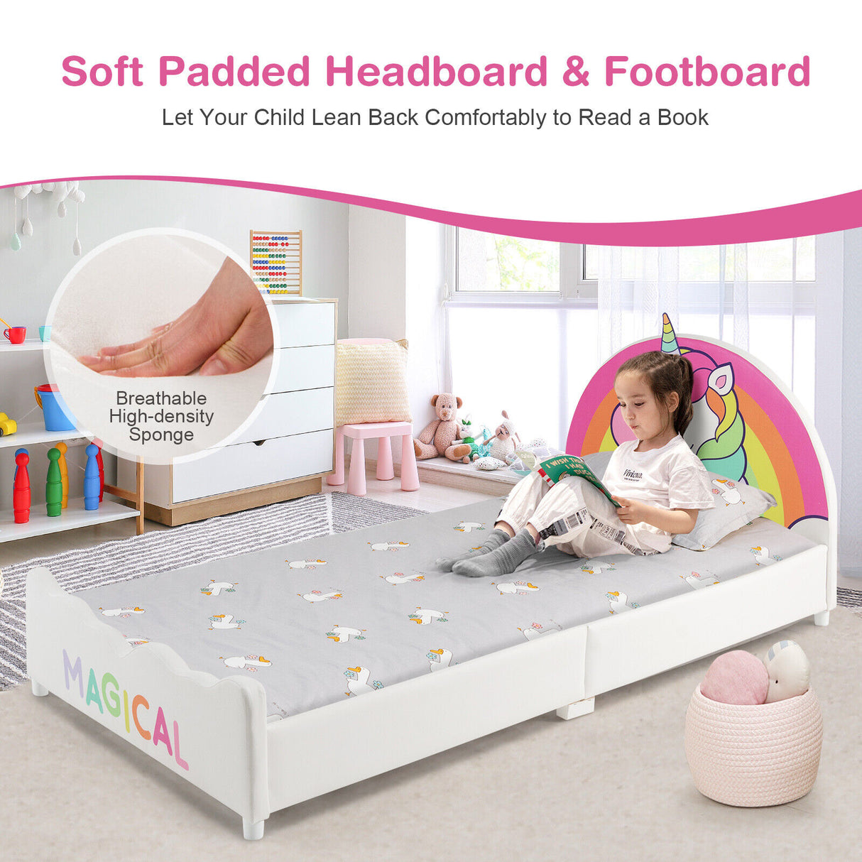 Kids Upholstered Platform Bed Children Twin Size Wooden Bed Unicorn Pattern