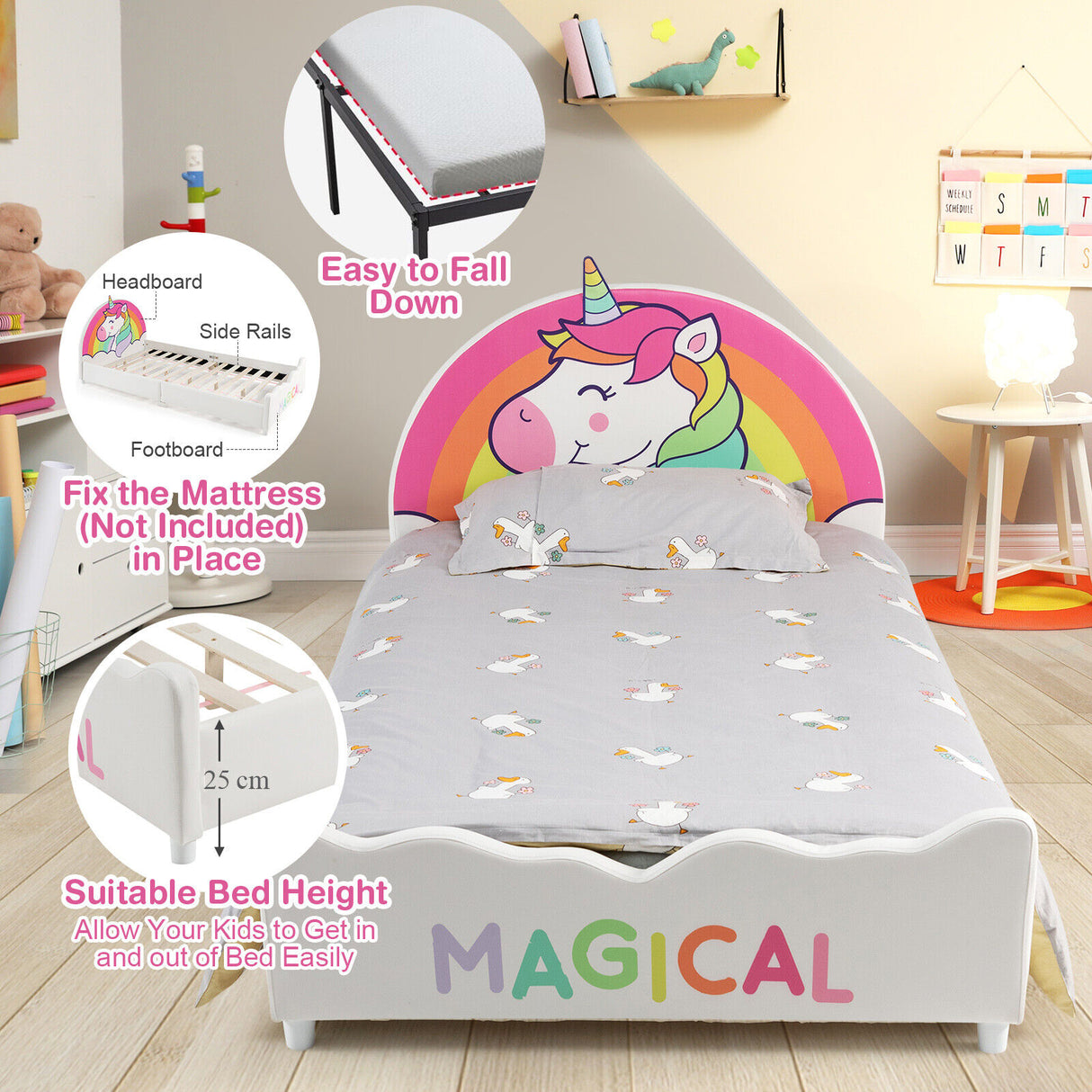 Kids Upholstered Platform Bed Children Twin Size Wooden Bed Unicorn Pattern
