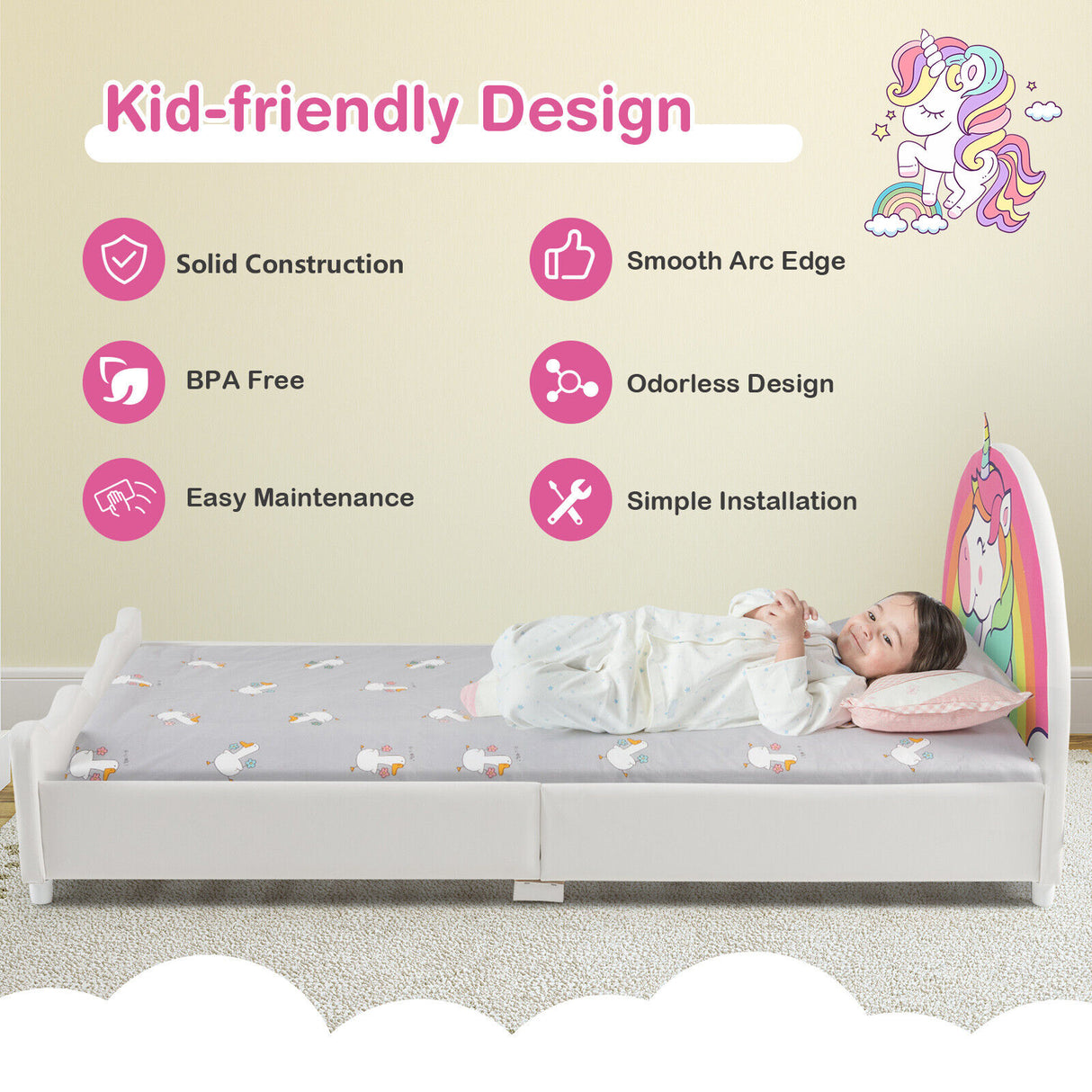 Kids Upholstered Platform Bed Children Twin Size Wooden Bed Unicorn Pattern