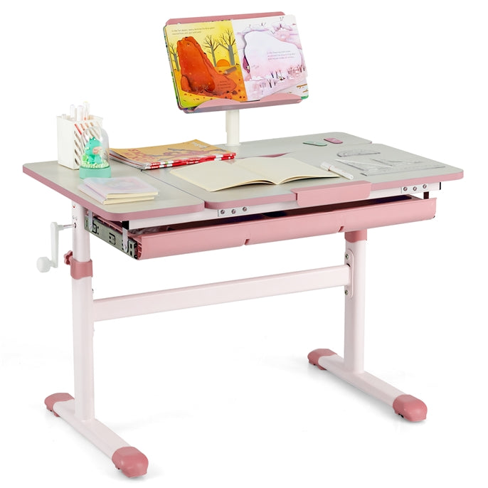 HONEY JOY Height-Adjustable Kids Desk w/Tilt Desktop & Book Stand, Storage Drawer & Scale Ruler