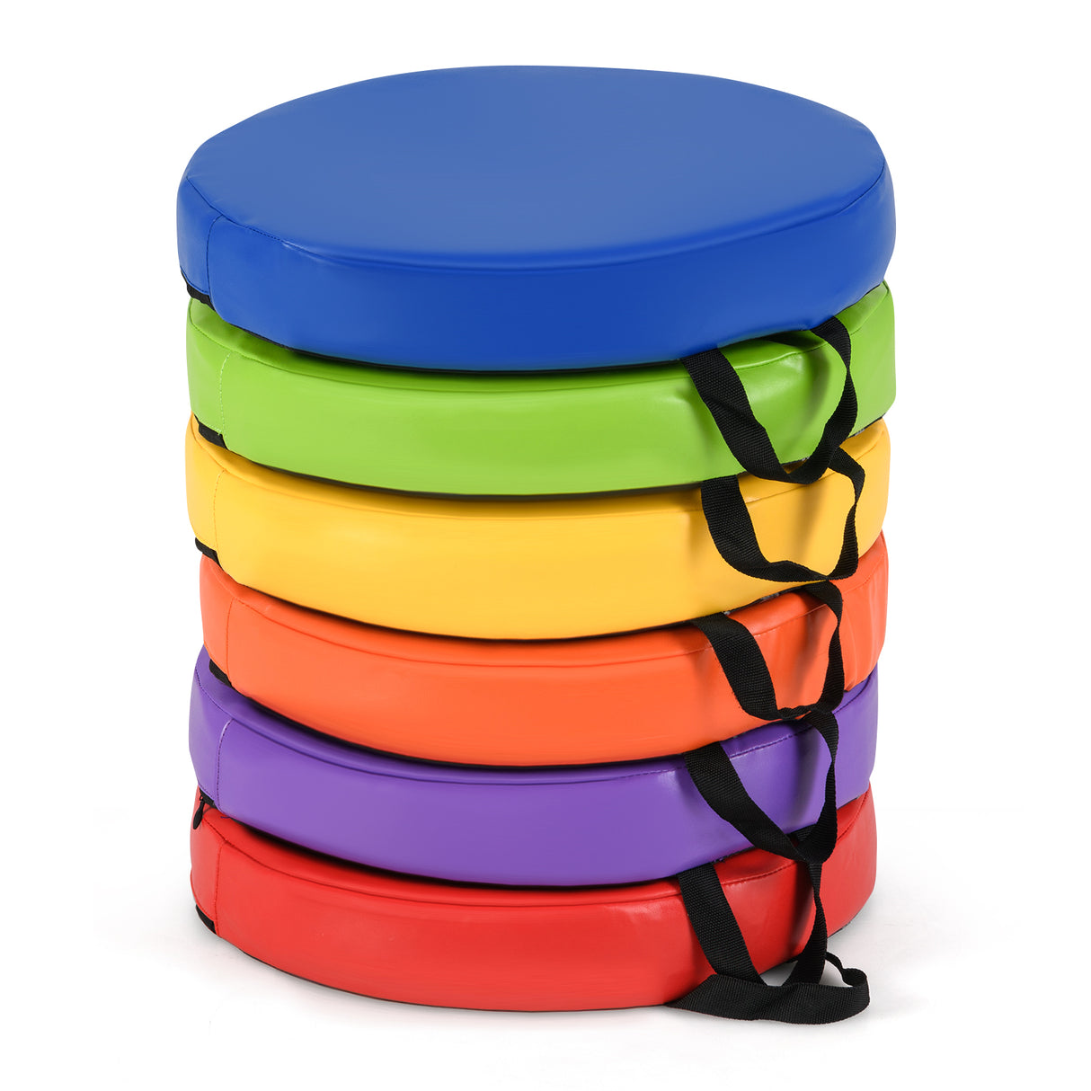 Stack of colorful exercise pads with a blue top on a white background