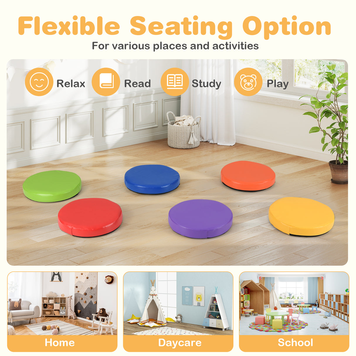 Colorful flexible seating cushions on a wooden floor with examples of use in home, daycare, and school settings.