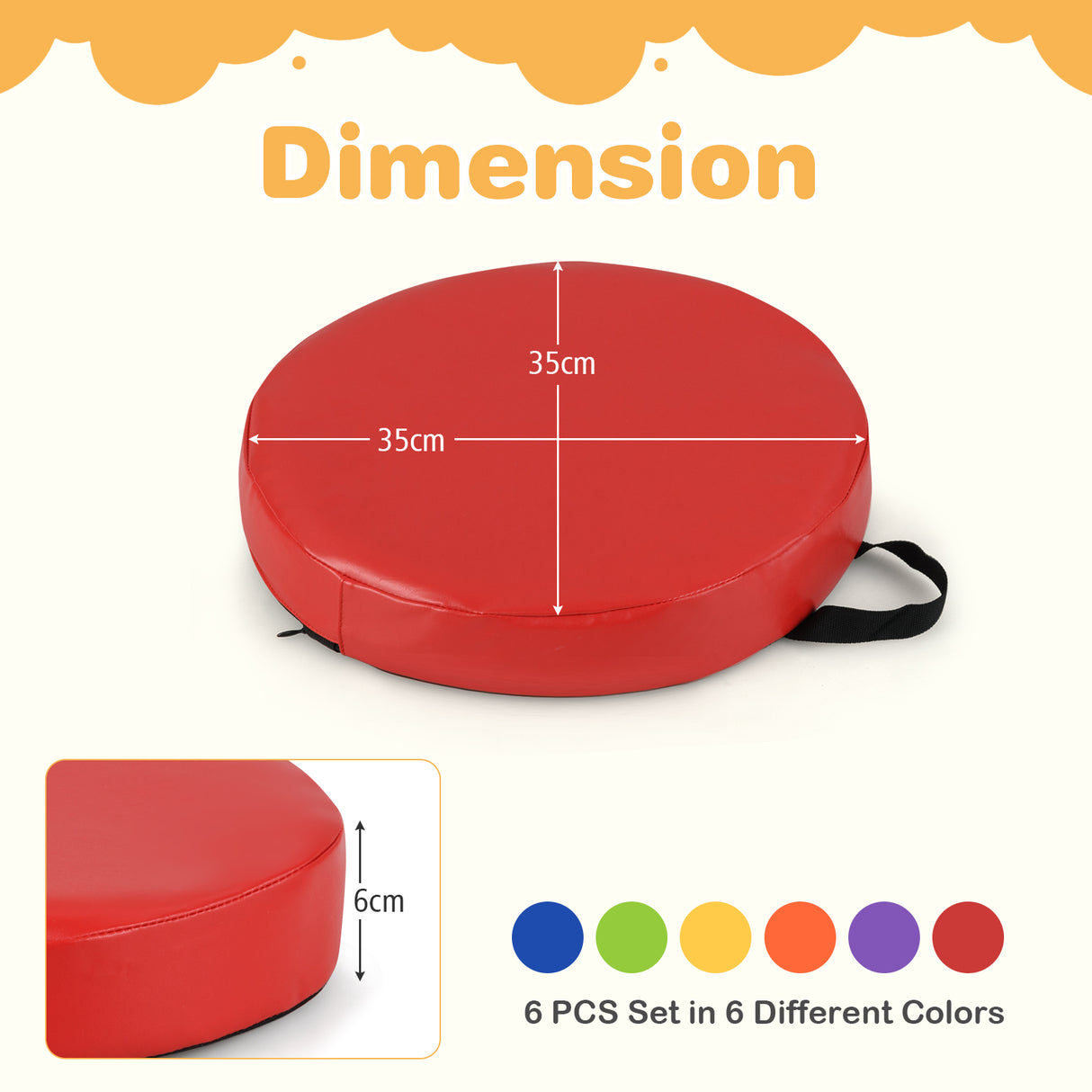 Red cushion with dimensions and color options on a white background