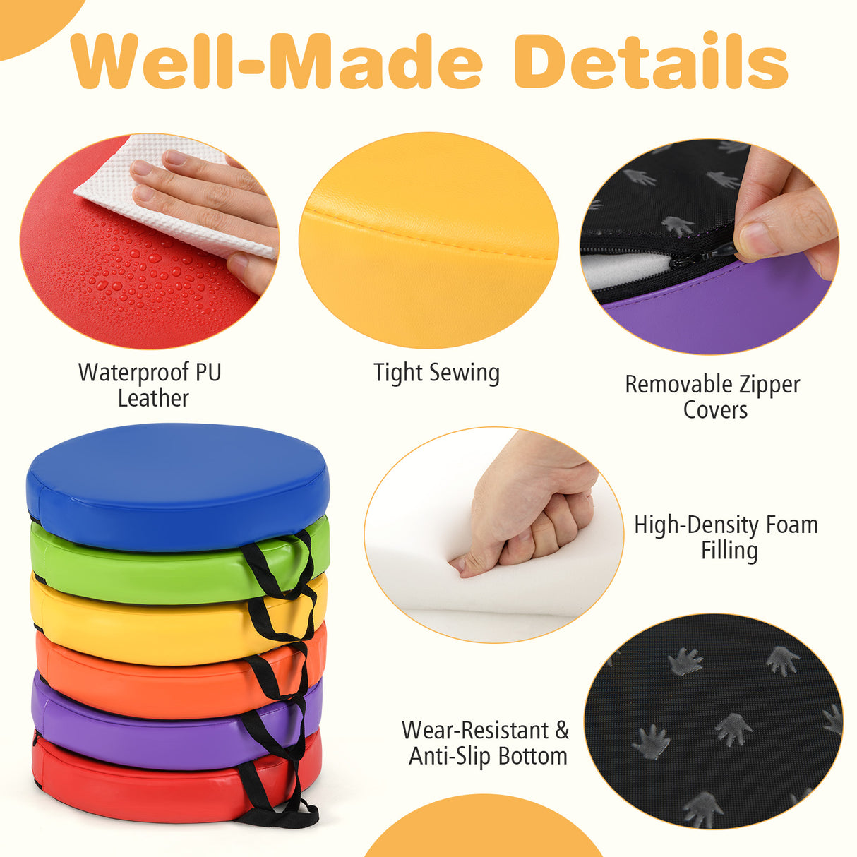 Multicolored cylindrical seat with various features highlighted on a white background