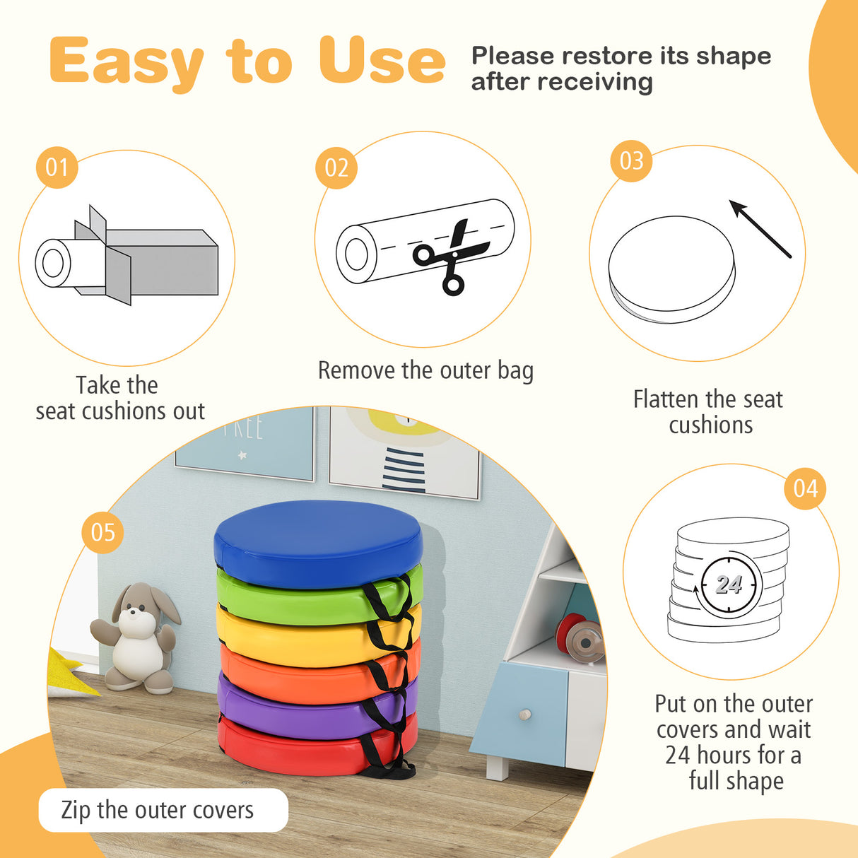 Instructions for restoring a shape-shifting product with colorful seat cushions and an orange border.