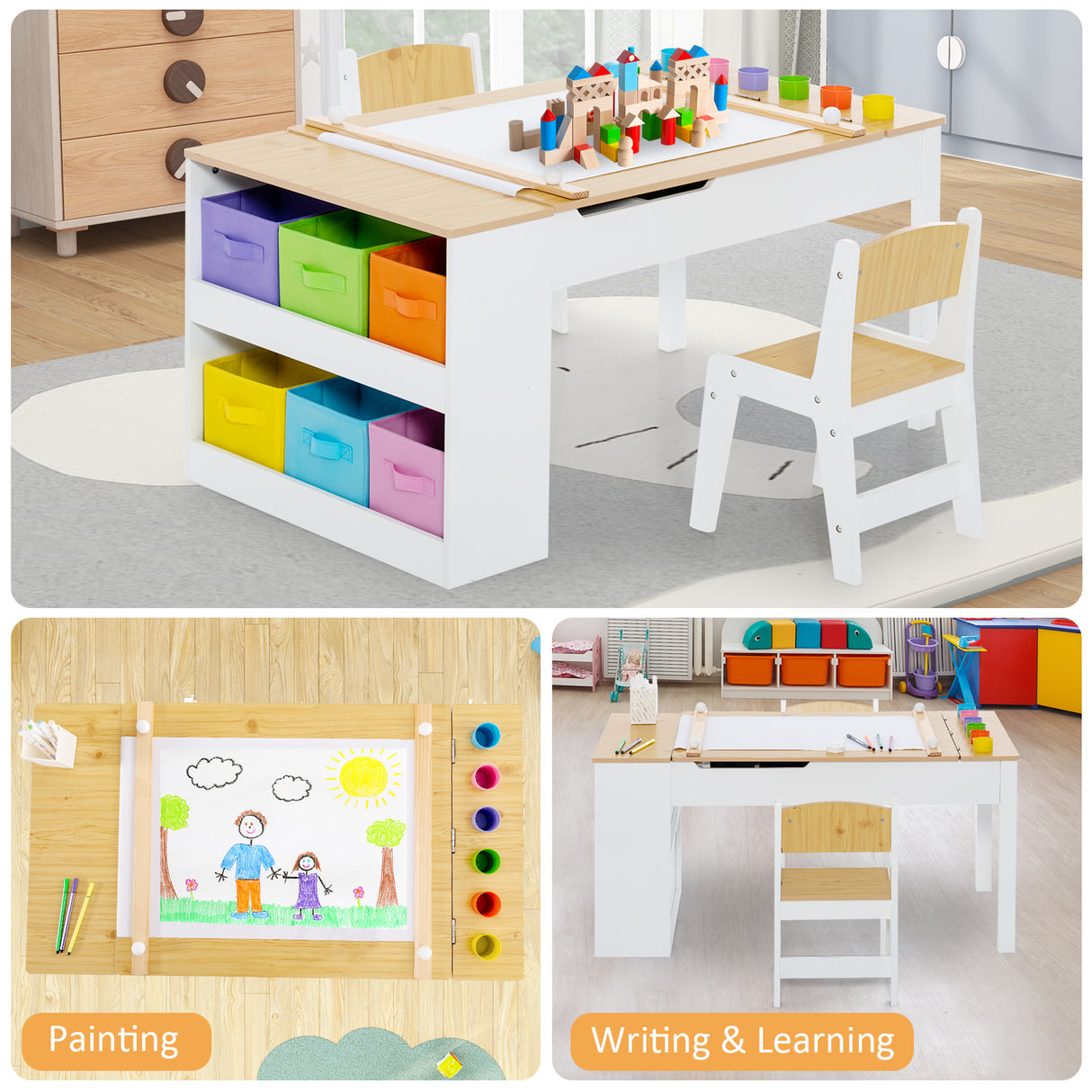 Children's play table with colorful storage bins and chairs in a room setting.