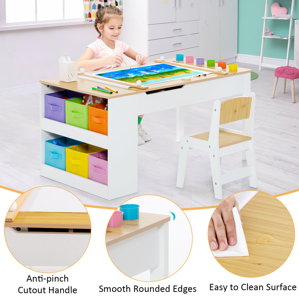 Children's activity table with storage bins and a chair, featuring close-ups of features like an anti-pinch cutout handle and smooth rounded edges.