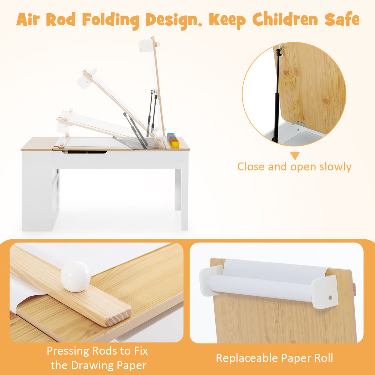 Wooden drawing desk with air rod folding design, showing close-up details and assembly instructions.