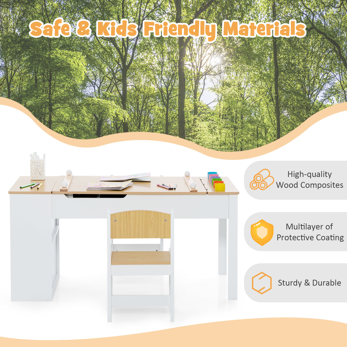 Children's desk and chair set with a forest background, emphasizing safety and durability.