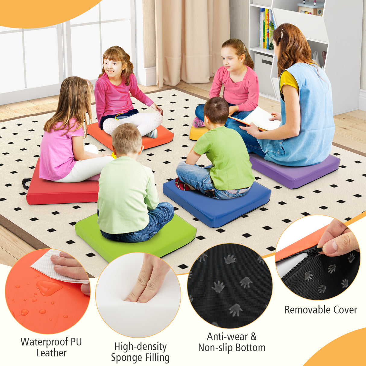 6 PCS Square Floor Cushions, Soft Sponge Floor Pillows for Classroom Home Nursery Kids Room Daycare