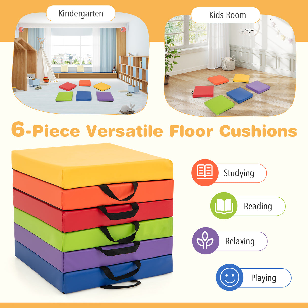 6 PCS Square Floor Cushions, Soft Sponge Floor Pillows for Classroom Home Nursery Kids Room Daycare