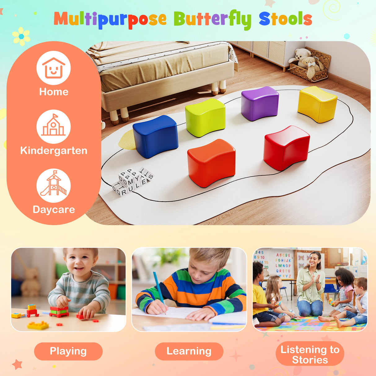 6 PCS Modular Stool Set, Butterfly Stools for Kids Rooms, Classrooms, Daycares
