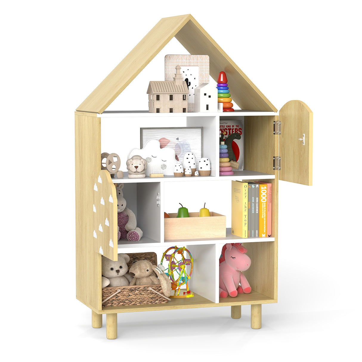 Kids Dollhouse Bookshelf, House-shaped Bookcase with 2 Doors for Playroom, Nursery, Bedroom