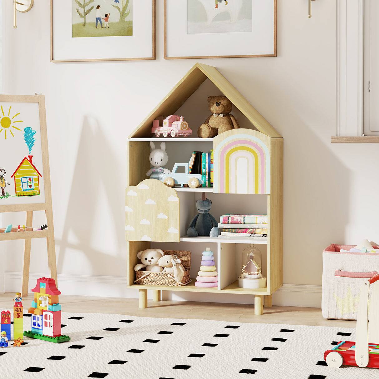 Kids Dollhouse Bookshelf, House-shaped Bookcase with 2 Doors for Playroom, Nursery, Bedroom