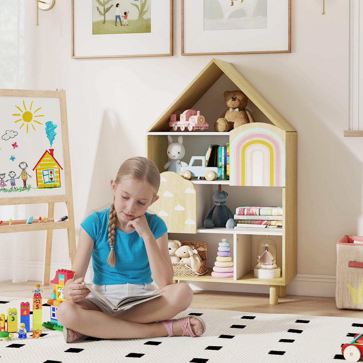 Kids Dollhouse Bookshelf, House-shaped Bookcase with 2 Doors for Playroom, Nursery, Bedroom