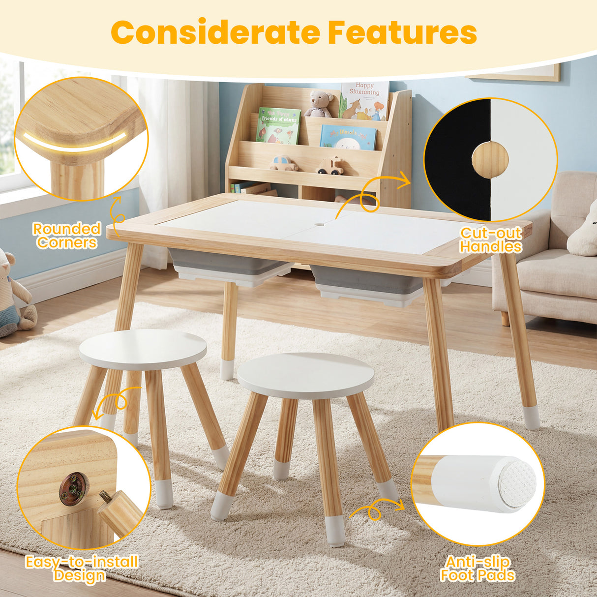 Kid's Table and Chairs Set with Detachable Double-Sided Tabletops