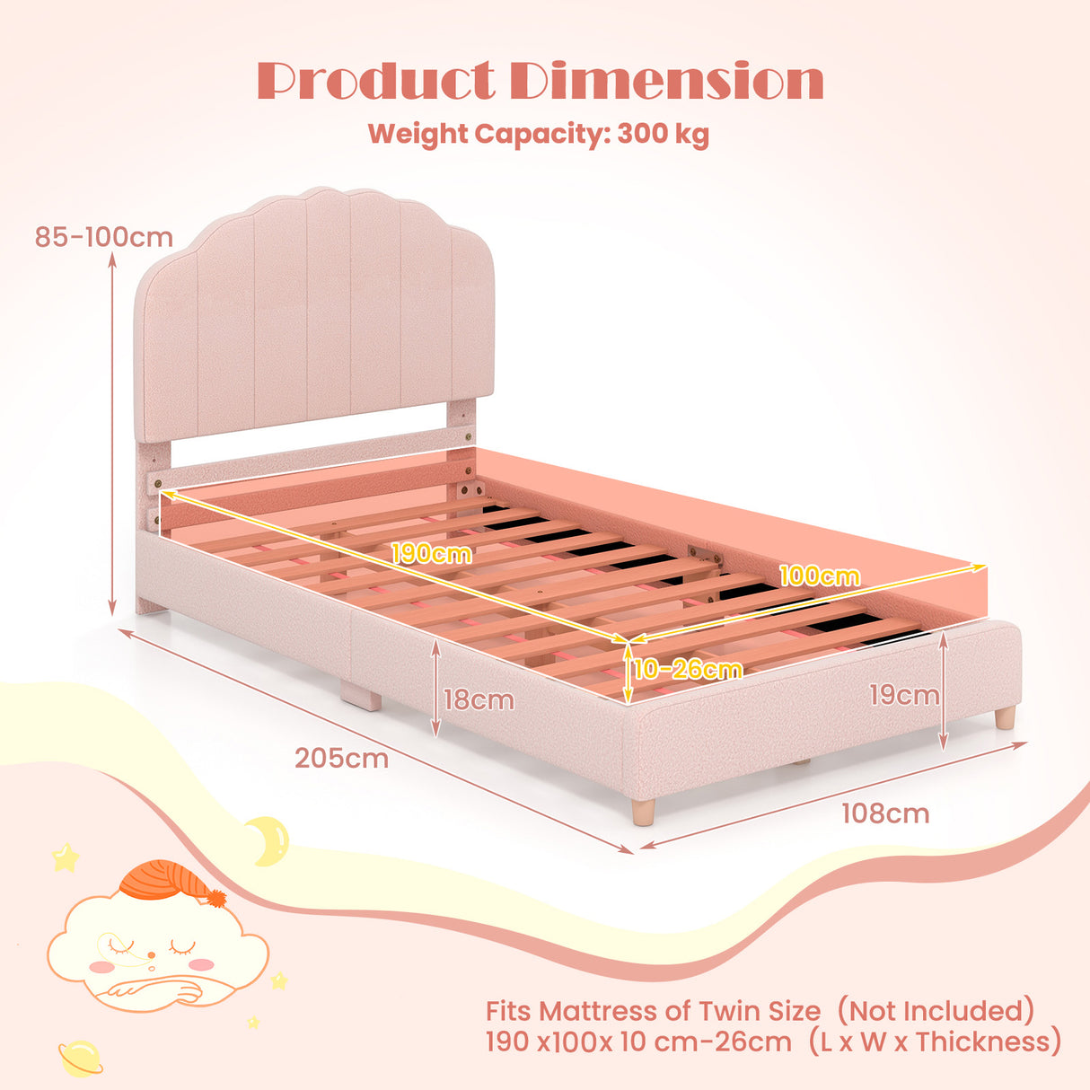 Kids Wooden Single Bed Frame, Upholstered Platform Bed Frame