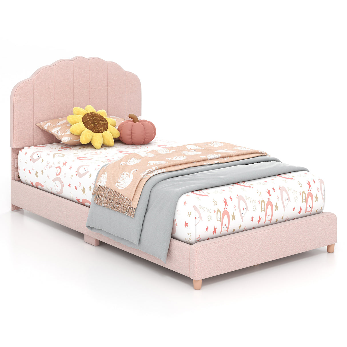 Kids Wooden Single Bed Frame, Upholstered Platform Bed Frame