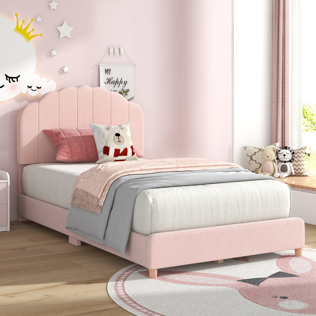 Kids Wooden Single Bed Frame, Upholstered Platform Bed Frame