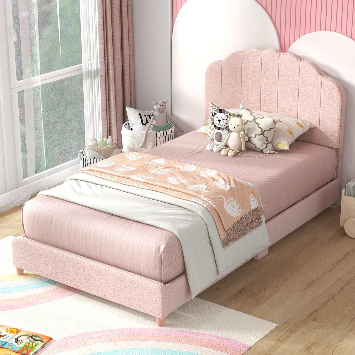 Kids Wooden Single Bed Frame, Upholstered Platform Bed Frame