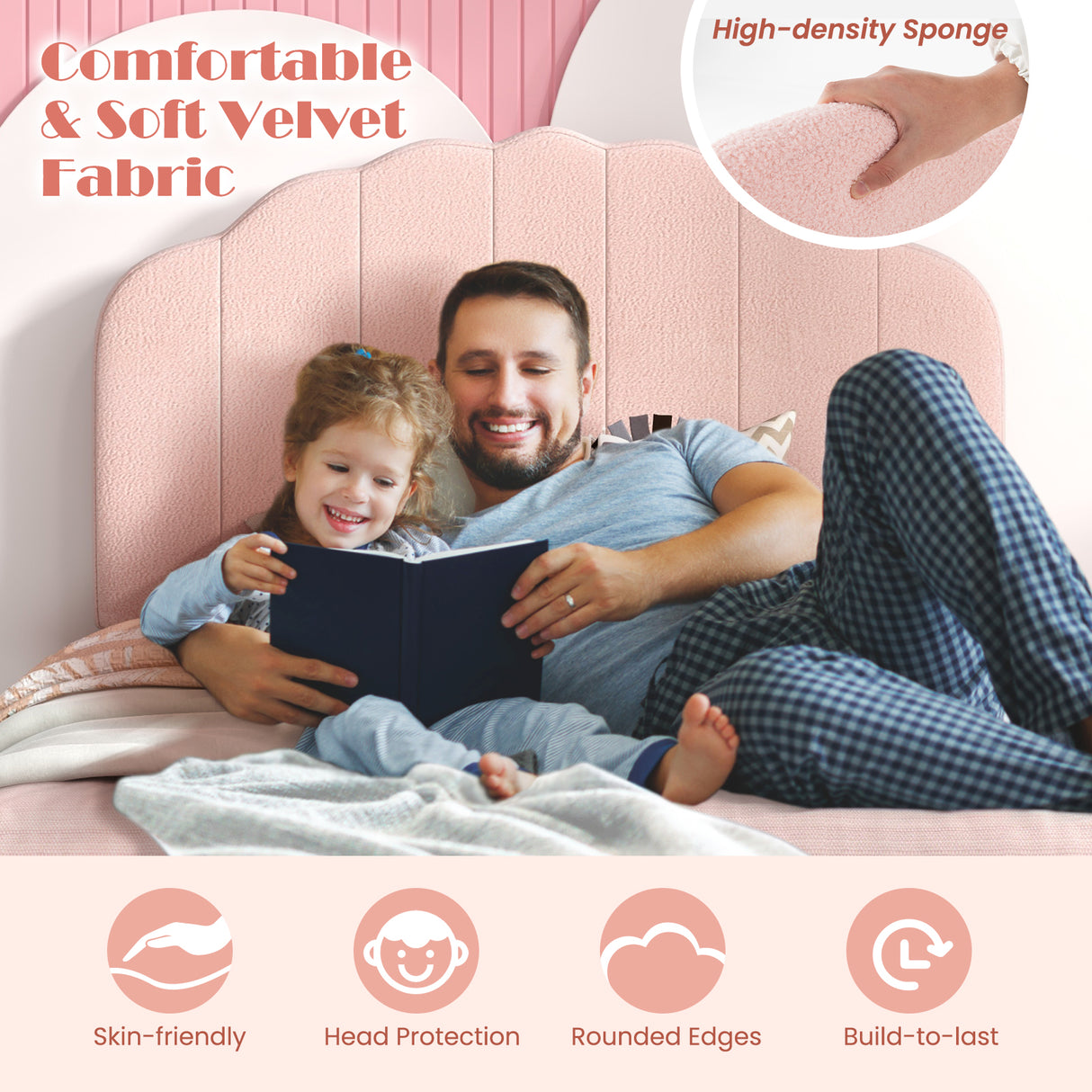 Kids Wooden Single Bed Frame, Upholstered Platform Bed Frame