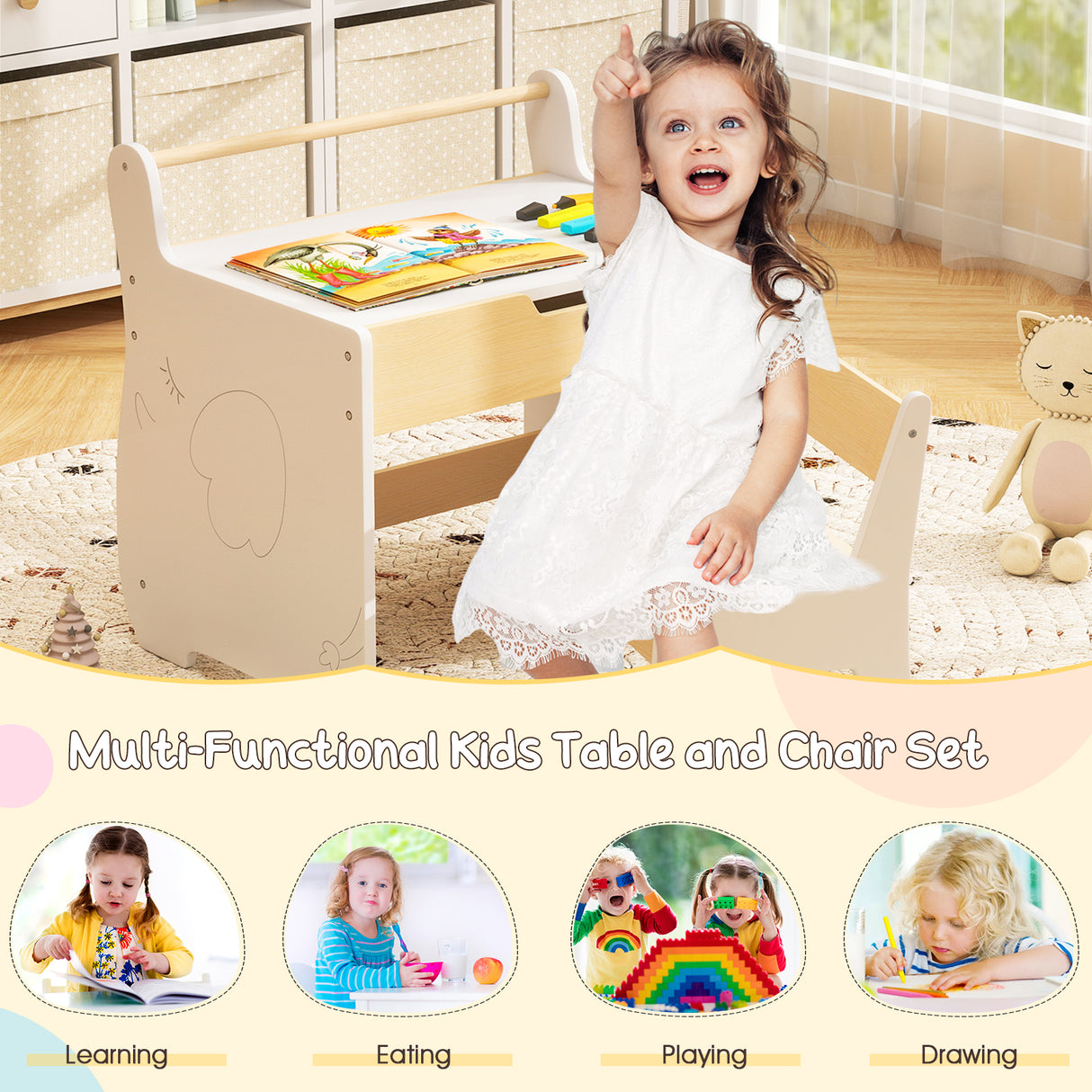 3 In 1 Kids Wood Table and Chair Set, Toddler Craft and Play Activity Desk w/ Detachable Tabletop