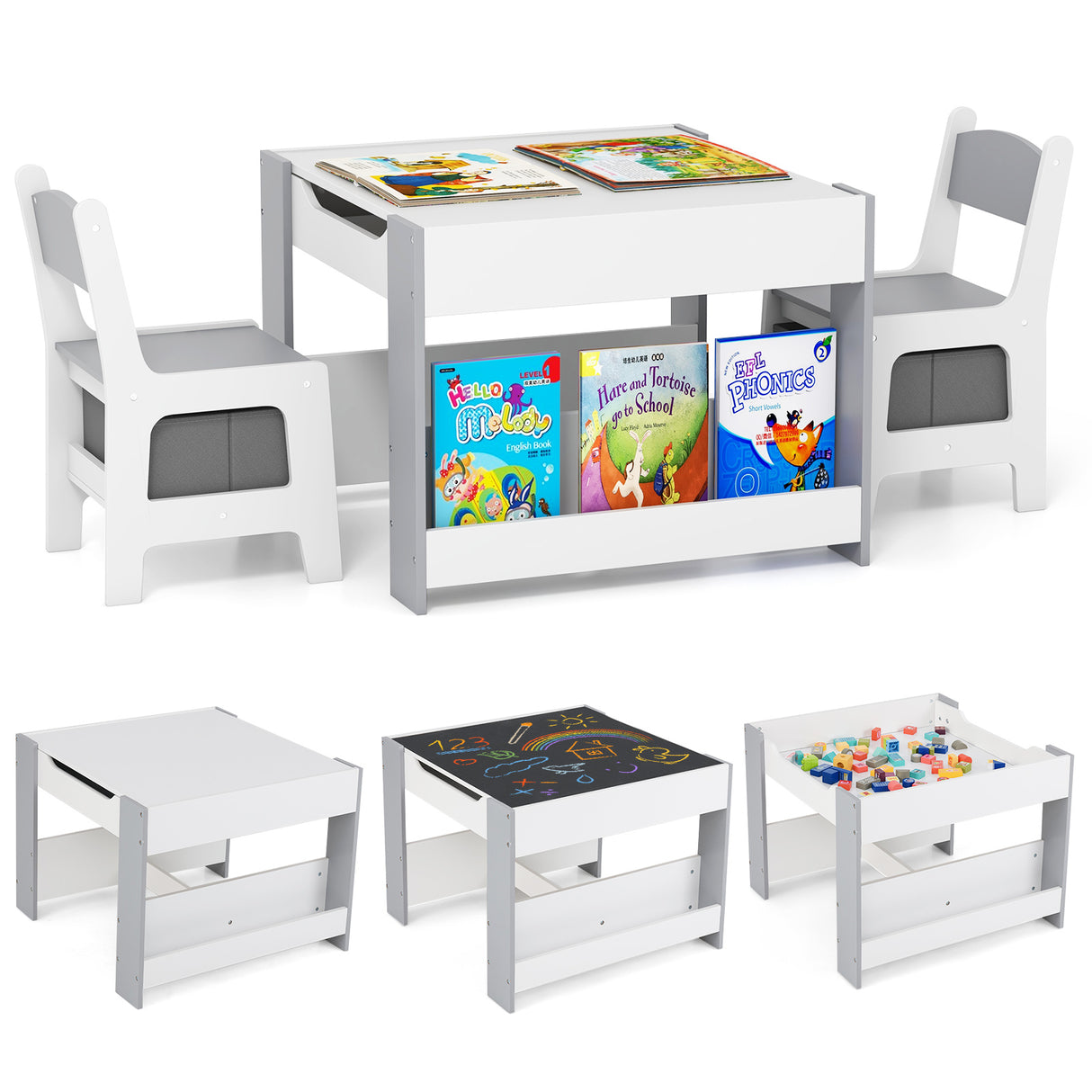 A set of children's furniture including a wooden activity table with a dual-sided tabletop featuring a chalkboard and whiteboard, and chairs with bookshelves and fabric drawers. The chairs are white with gray accents, and the table is primarily white with a natural wood edge.