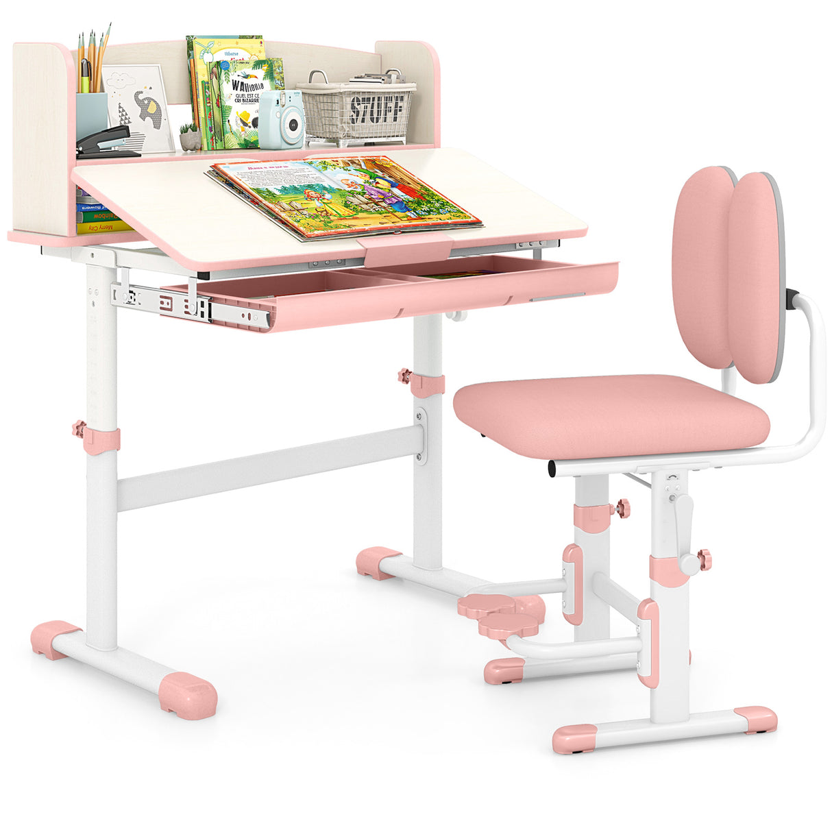 Height Adjustable Children School Study Desk with Tilt Desktop and Storage Drawer