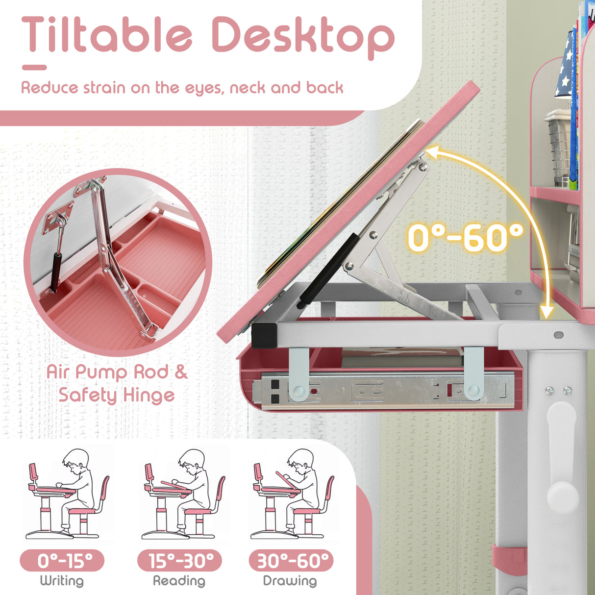 Height Adjustable Children School Study Desk with Tilt Desktop and Storage Drawer