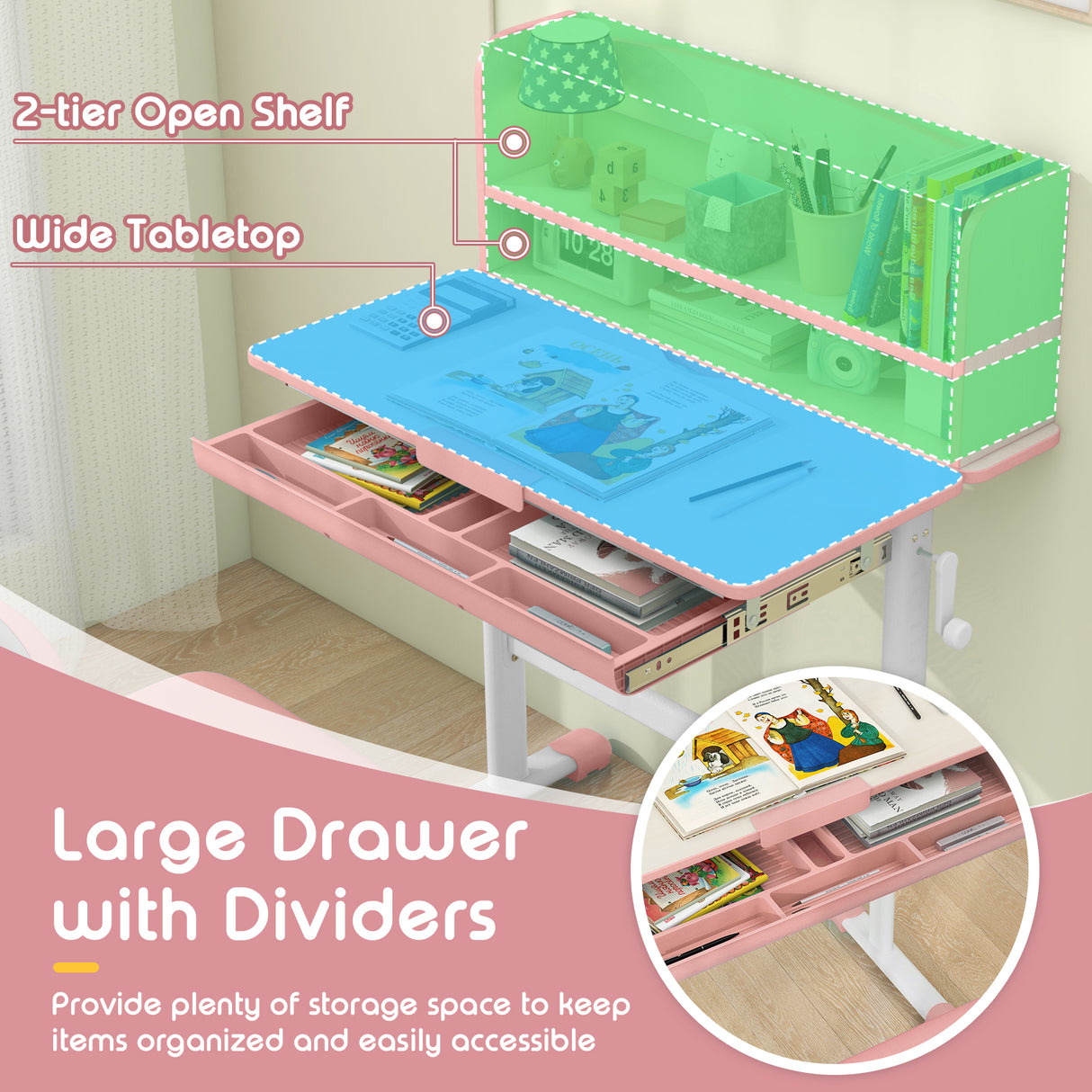 Height Adjustable Children School Study Desk with Tilt Desktop and Storage Drawer